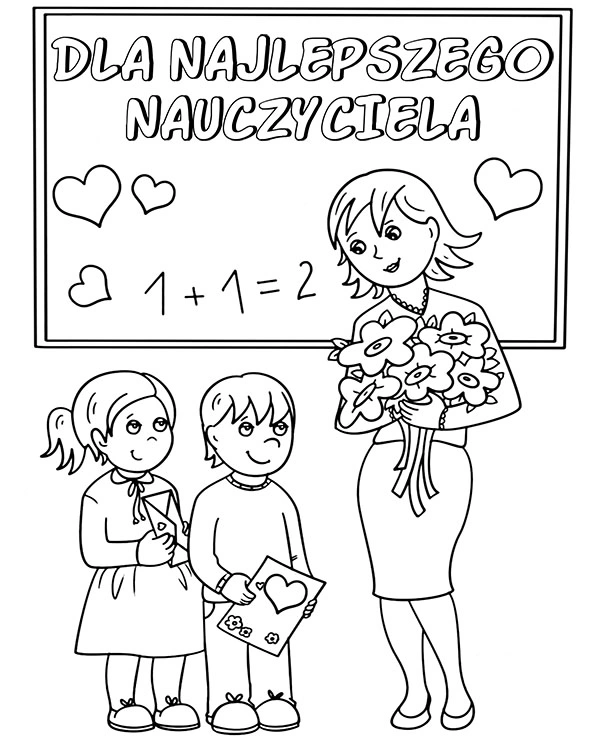 Kolorowanka dzieci przychodzą z prezentami do swojej nauczycielki Kolorowanka dzieci przychodzą z prezentami do swojej nauczycielki